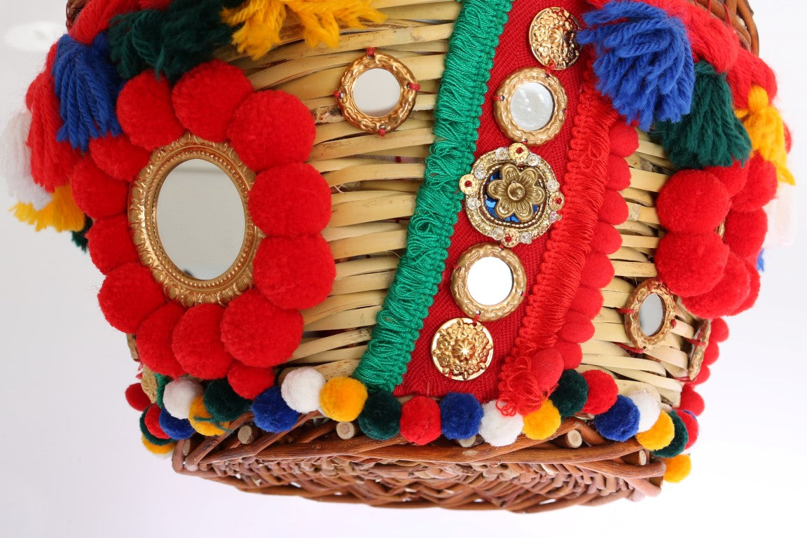 Elegante beigefarbene Tragetasche aus Stroh und exotischen Fellen mit Bommeln