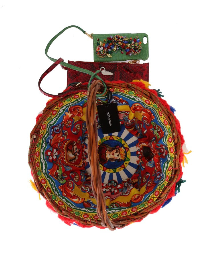 Elegante beigefarbene Tragetasche aus Stroh und exotischen Fellen mit Bommeln