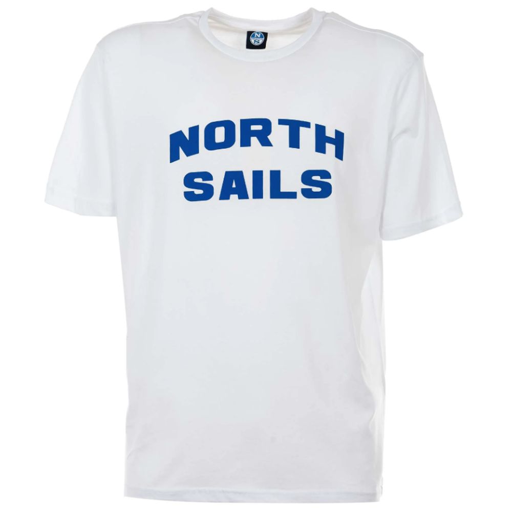 Elegantes weißes Baumwoll-T-Shirt mit auffälligem blauen Logo