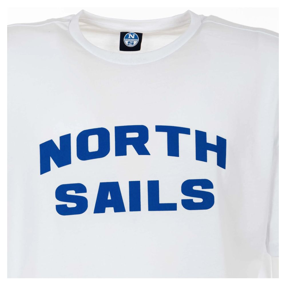 Elegantes weißes Baumwoll-T-Shirt mit auffälligem blauen Logo