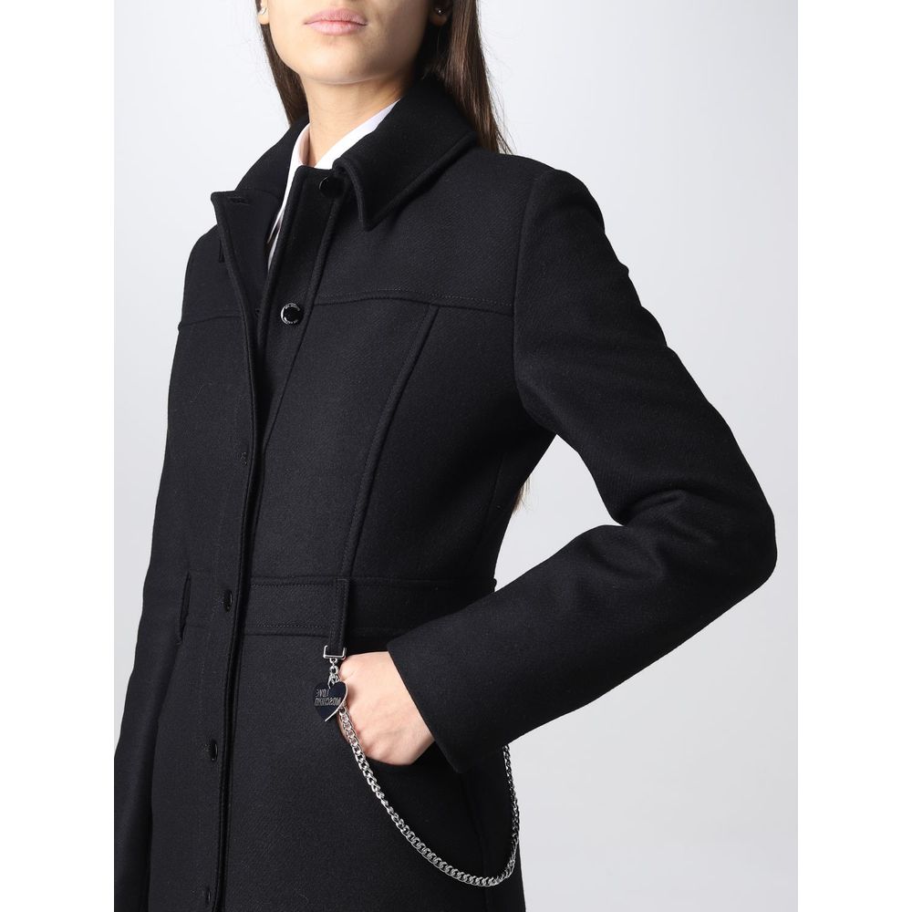 Eleganter schwarzer Wollmantel mit silbernem Kettendetail