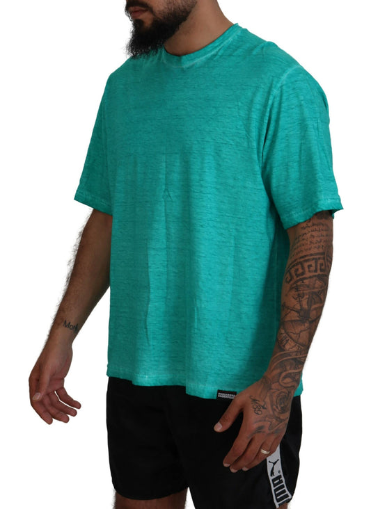 T-shirt a maniche corte in cotone e lino verde chiaro