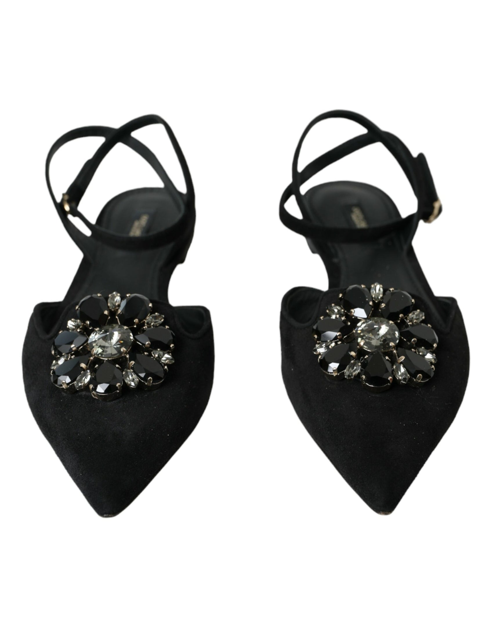 Schwarze Slingback-Sandalen aus Leder mit Kristallen