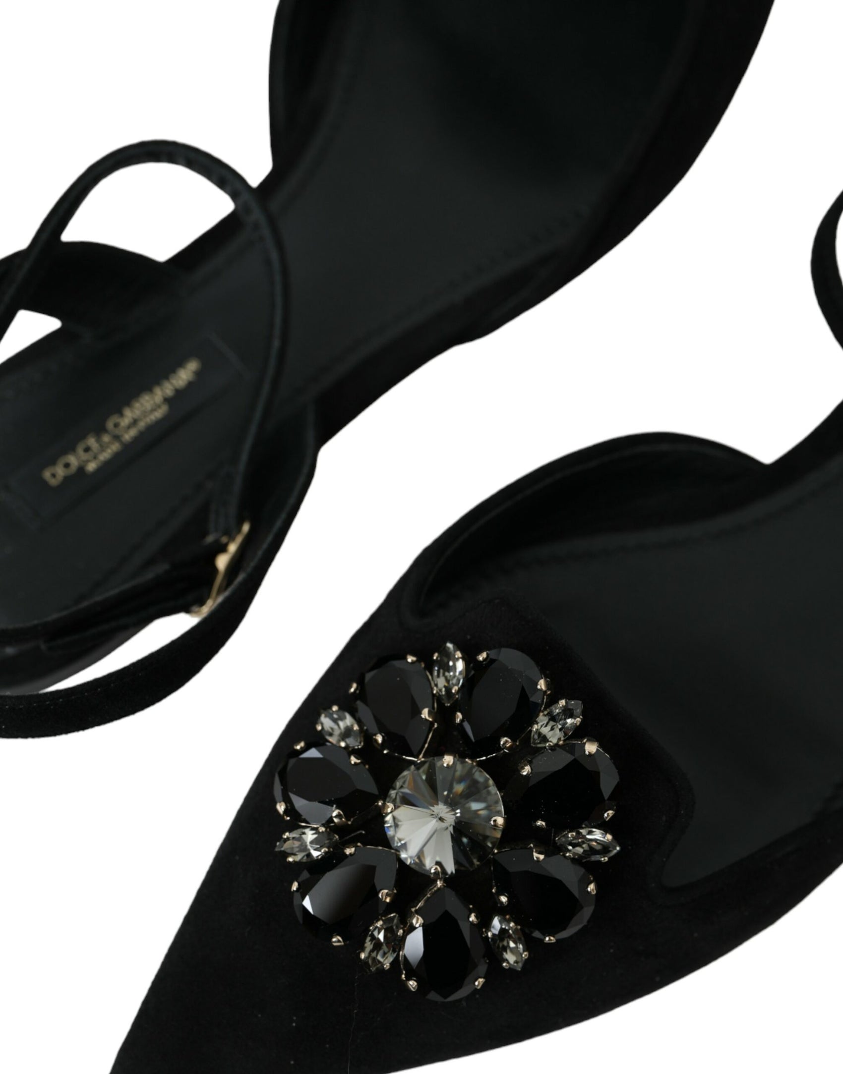 Schwarze Slingback-Sandalen aus Leder mit Kristallen