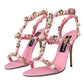 Pink Leather Embellished Heels Sandals Shoes