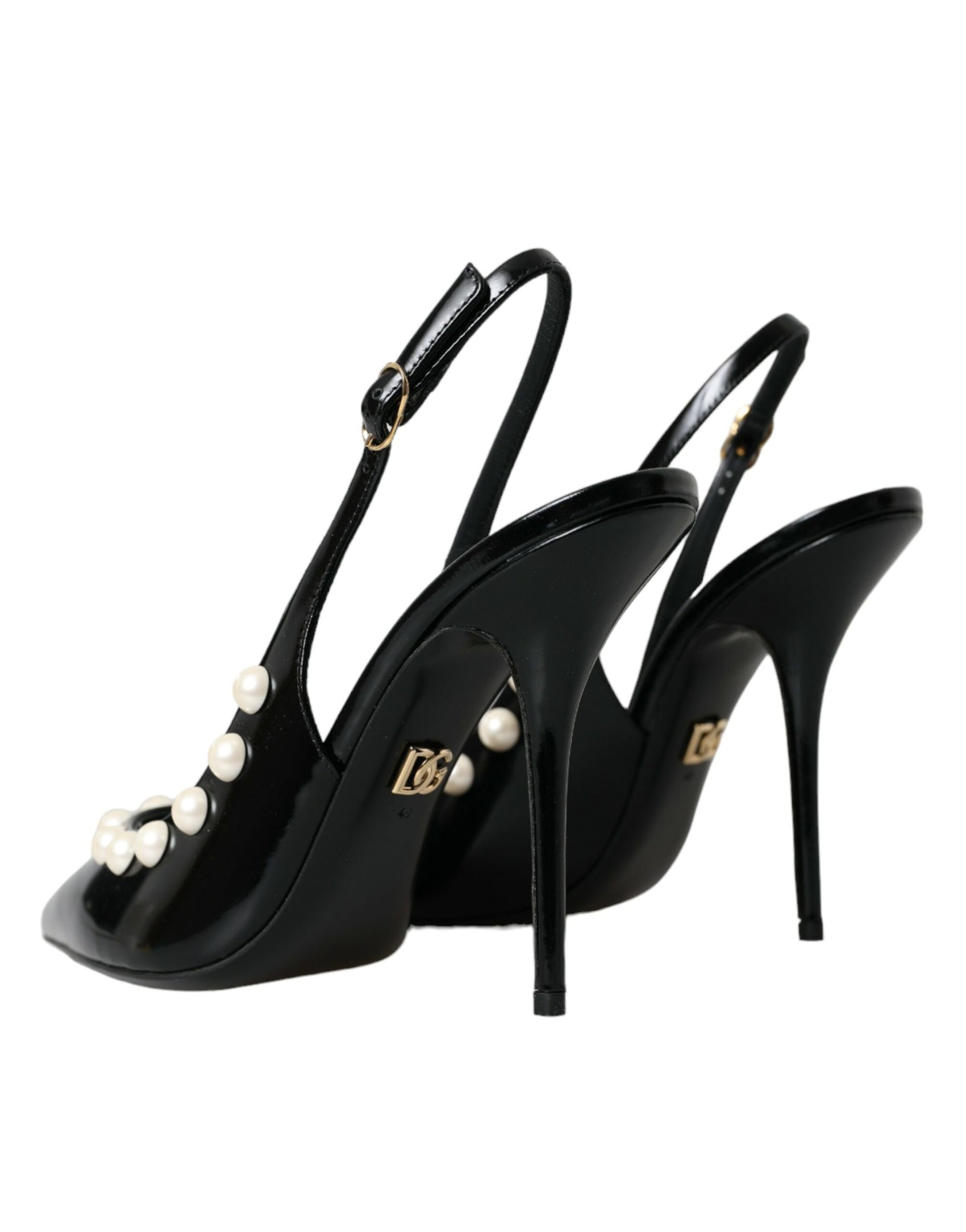 Schwarze Slingback-Schuhe aus Leder mit Kunstperlenabsatz