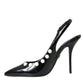 Black Leather Faux Pearl Heel Slingback Shoes