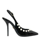 Black Leather Faux Pearl Heel Slingback Shoes