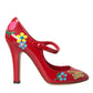 Red Leather Embellished Mary Jane Pumps Heels Shoes