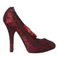 Red Black Floral Lace Mary Jane Pumps Shoes