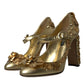 Gold Leather Crystal Mary Janes Pumps Shoes