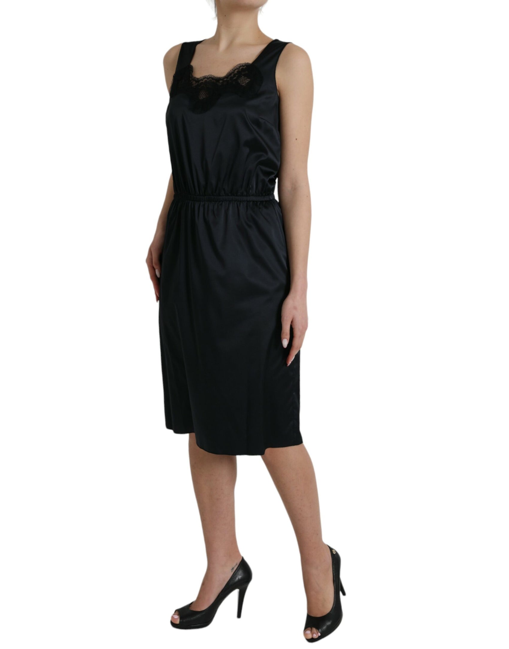 Schwarzes Midi-Etuikleid aus Polyester mit Spitzenbesatz