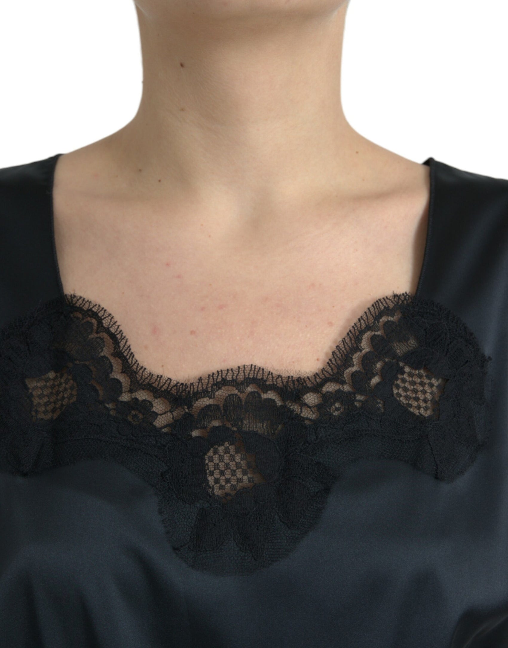 Schwarzes Midi-Etuikleid aus Polyester mit Spitzenbesatz