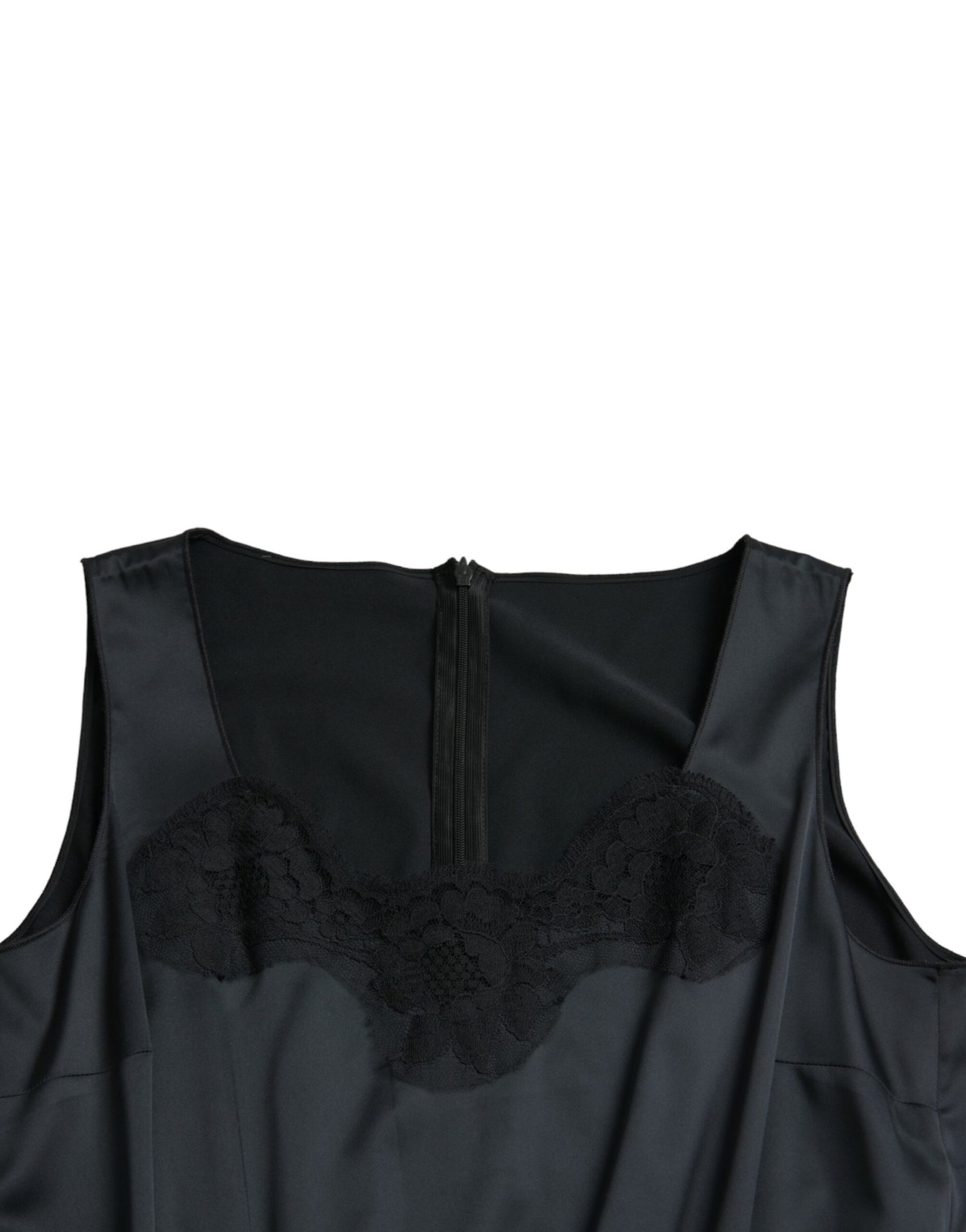 Schwarzes Midi-Etuikleid aus Polyester mit Spitzenbesatz
