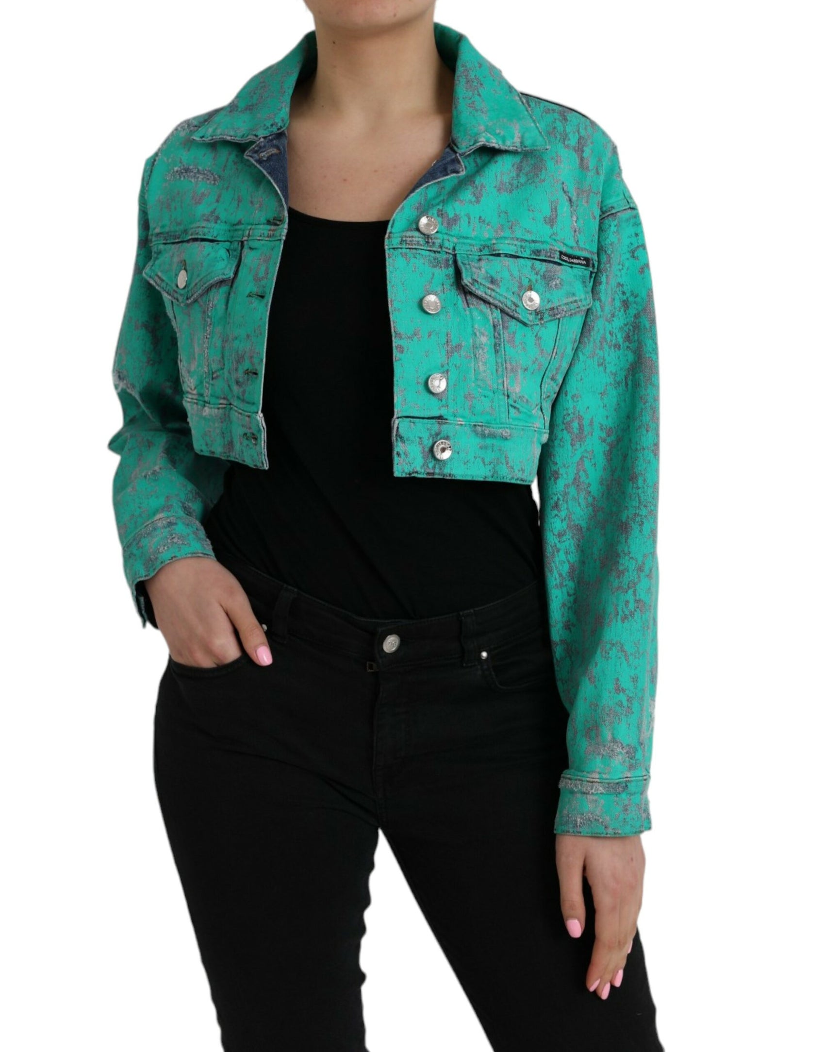 Giacca in denim corto con effetto tie-dye in cotone verde