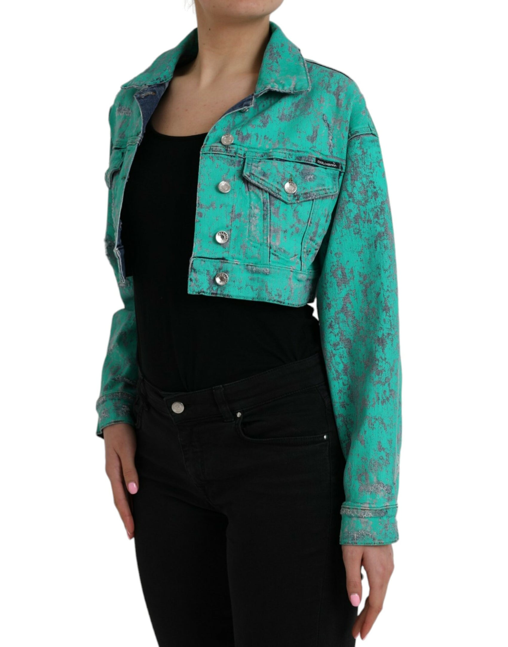 Giacca in denim corto con effetto tie-dye in cotone verde