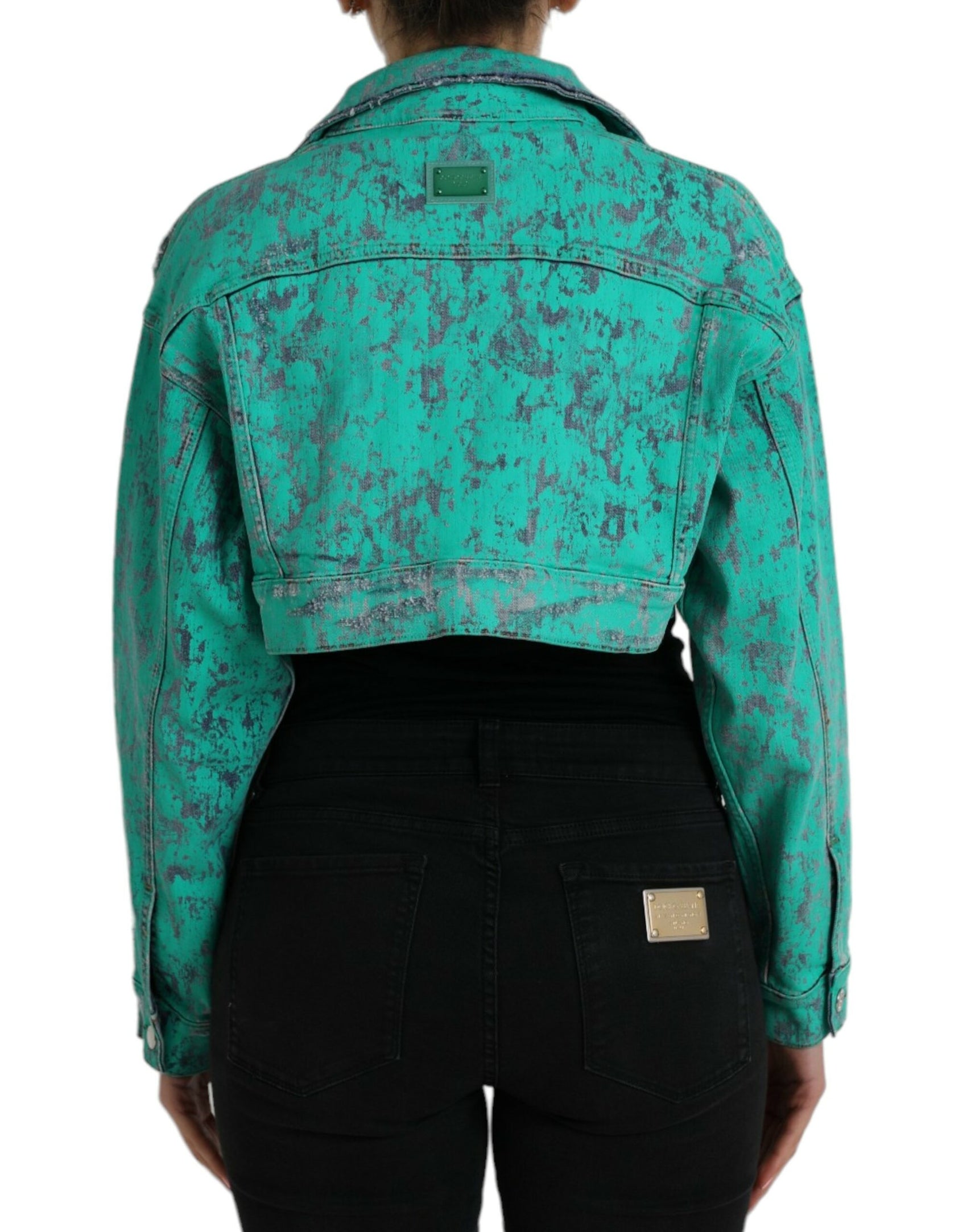 Giacca in denim corto con effetto tie-dye in cotone verde