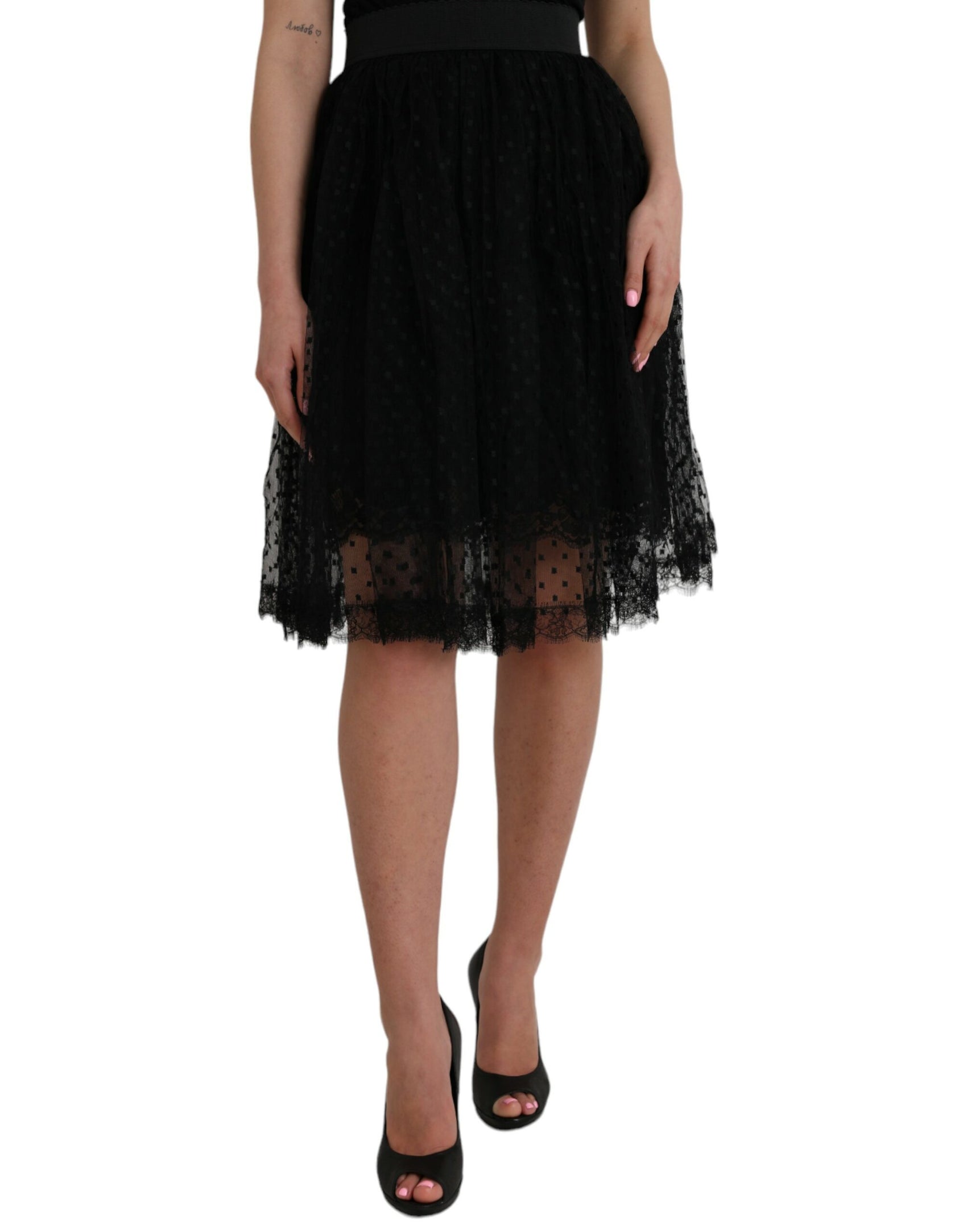 Gonna a trapezio con vita alta e pizzo in nylon nero