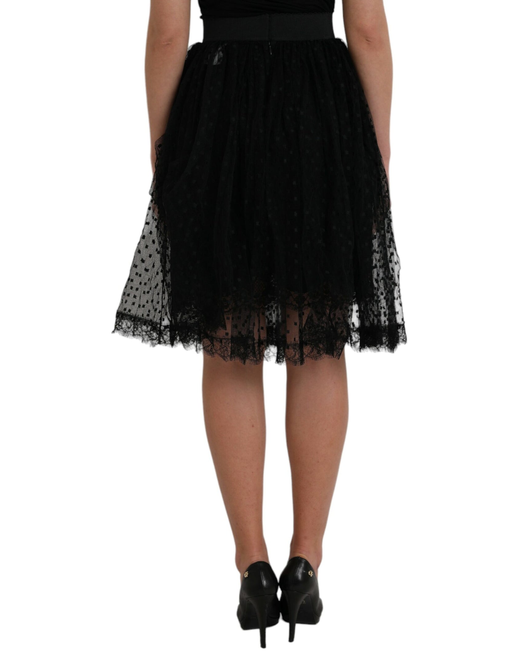 Gonna a trapezio con vita alta e pizzo in nylon nero