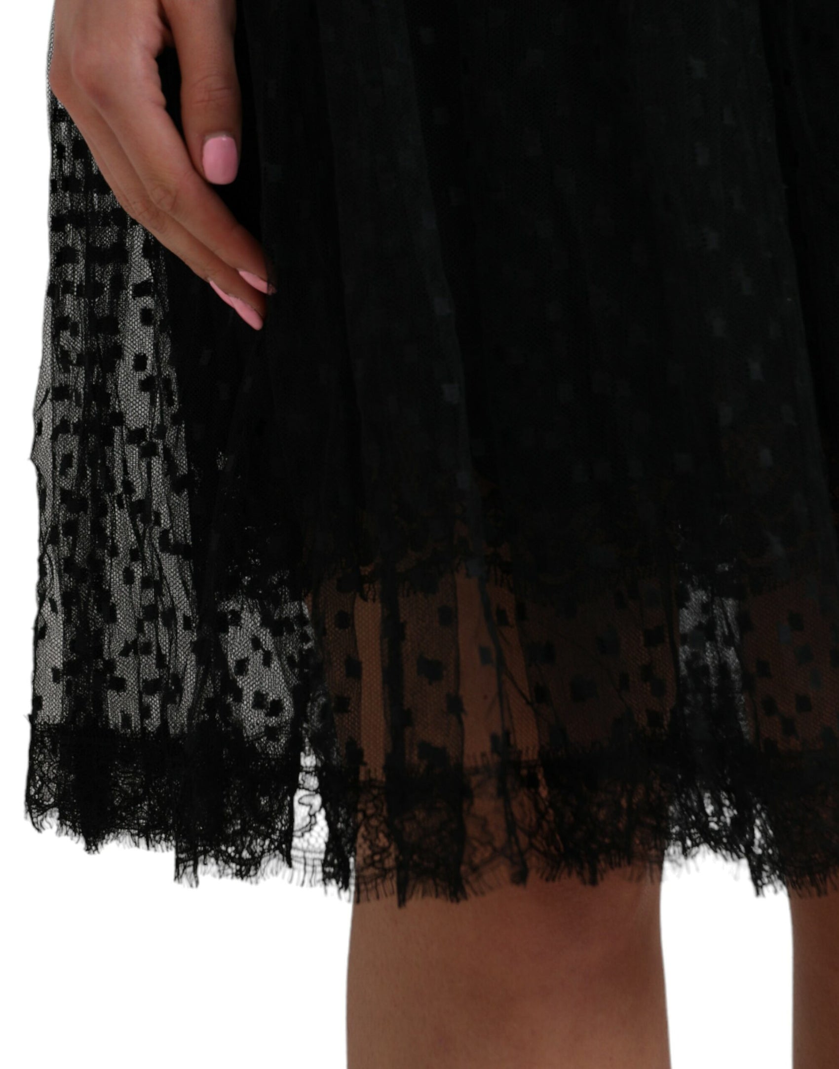 Gonna a trapezio con vita alta e pizzo in nylon nero