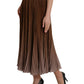 Brown Polyester Pleated High Waist Midi Skirt