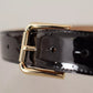 Black Leather Gold Metal Logo Engraved Buckle Belt