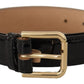 Black Leather Gold Metal Logo Engraved Buckle Belt