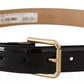 Black Leather Gold Metal Logo Engraved Buckle Belt