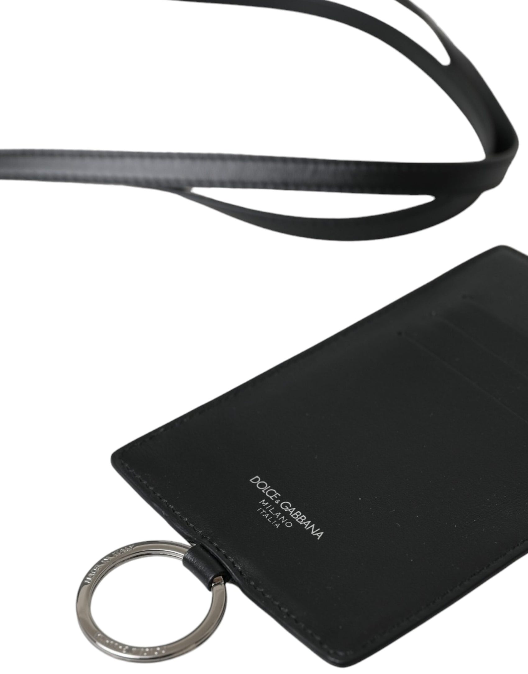 Schwarzes Herren-Kartenetui aus Kalbsleder mit Lanyard und Logo