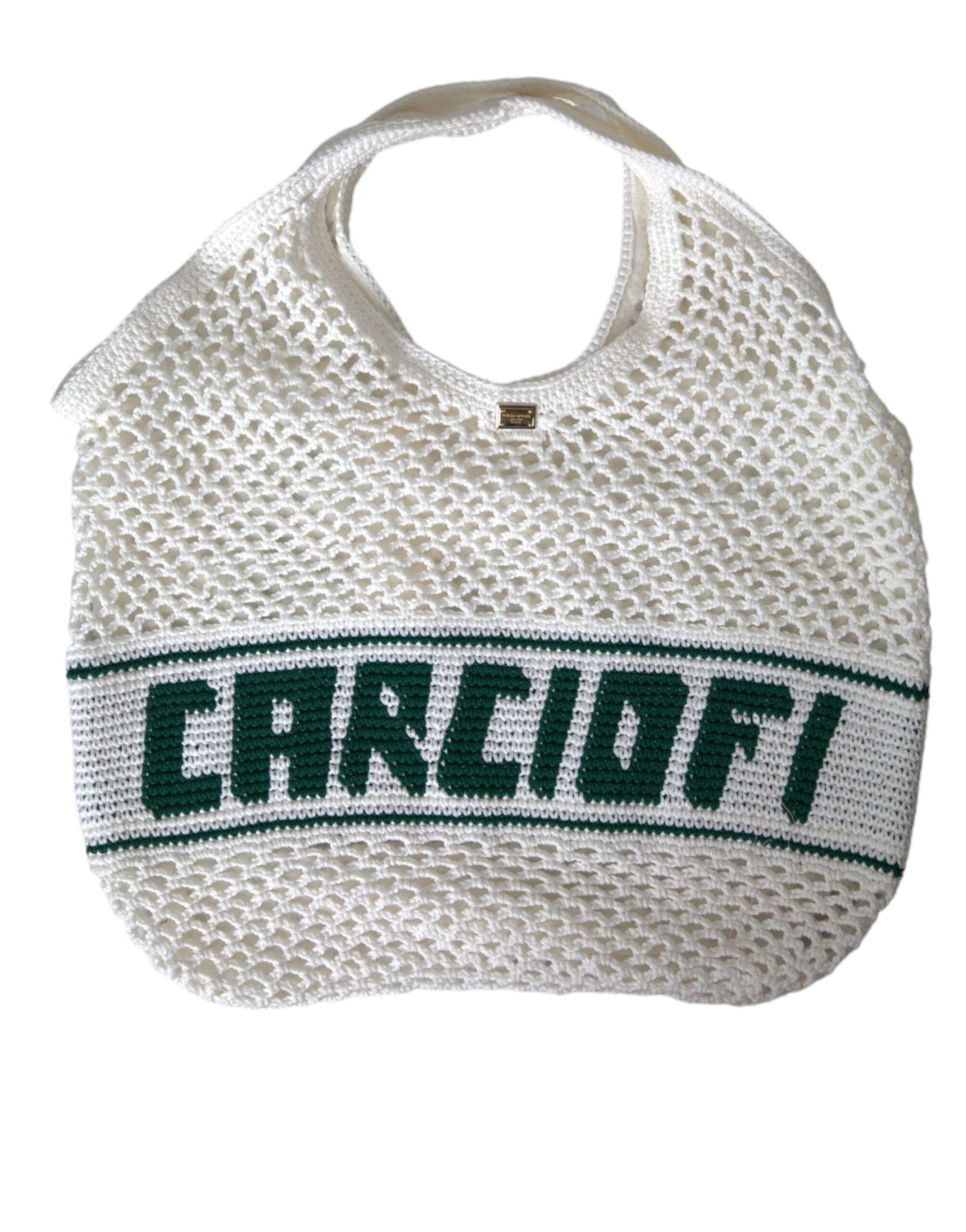 Weiß-grüne Einkaufstasche aus gestrickter Baumwolle mit Logo