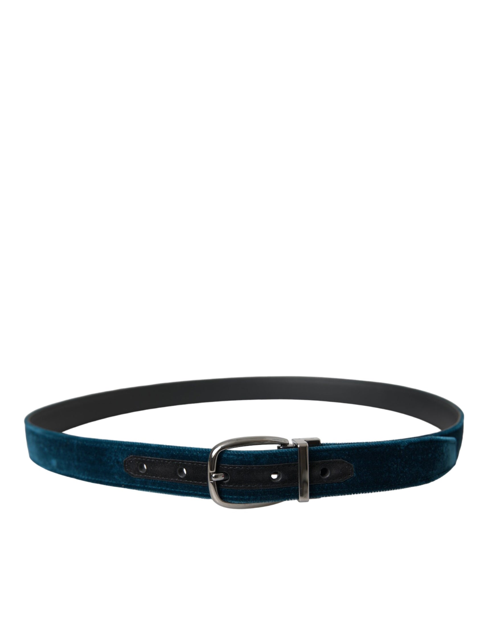 Cintura in pelle di velluto blu con fibbia in metallo argentato