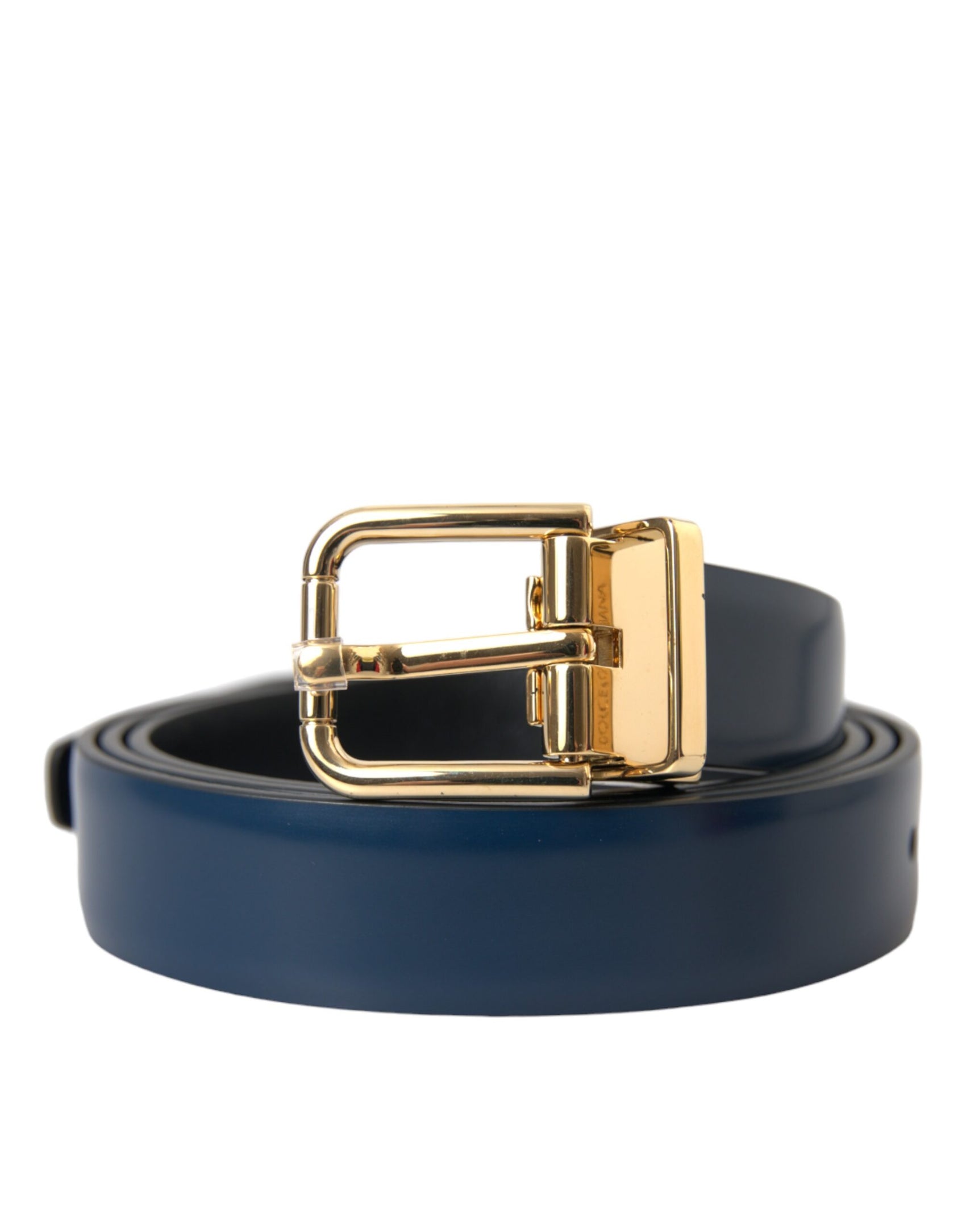 Cintura da uomo con fibbia in metallo dorato in pelle di vitello blu