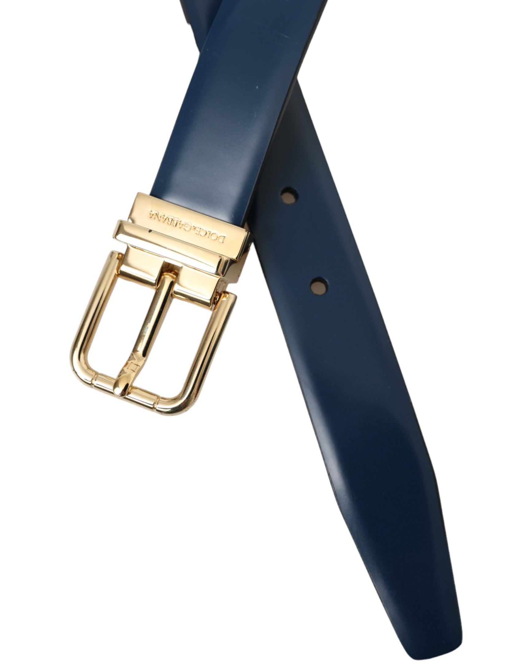 Cintura da uomo con fibbia in metallo dorato in pelle di vitello blu