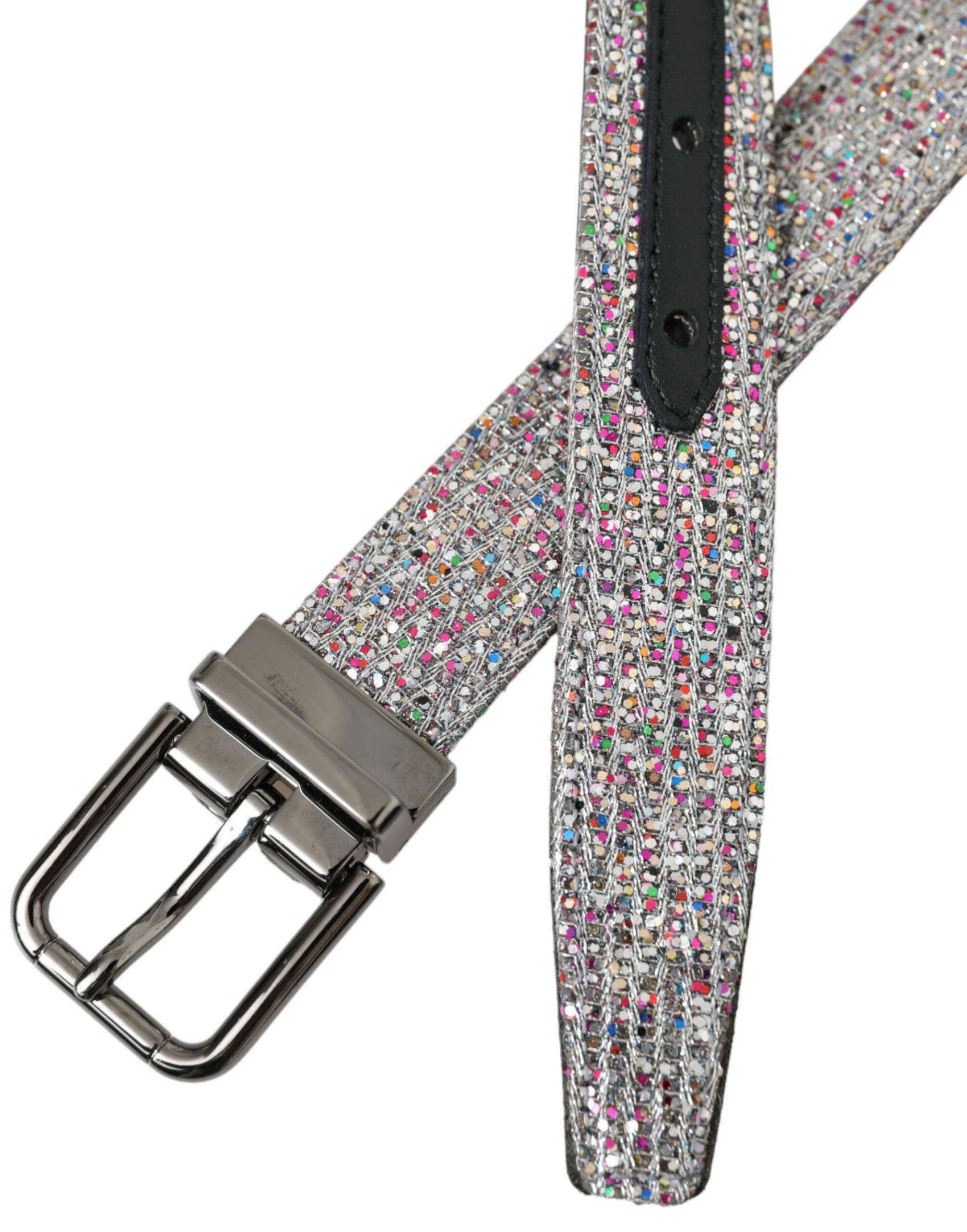 Cintura con fibbia in metallo argentato con decorazioni multicolori