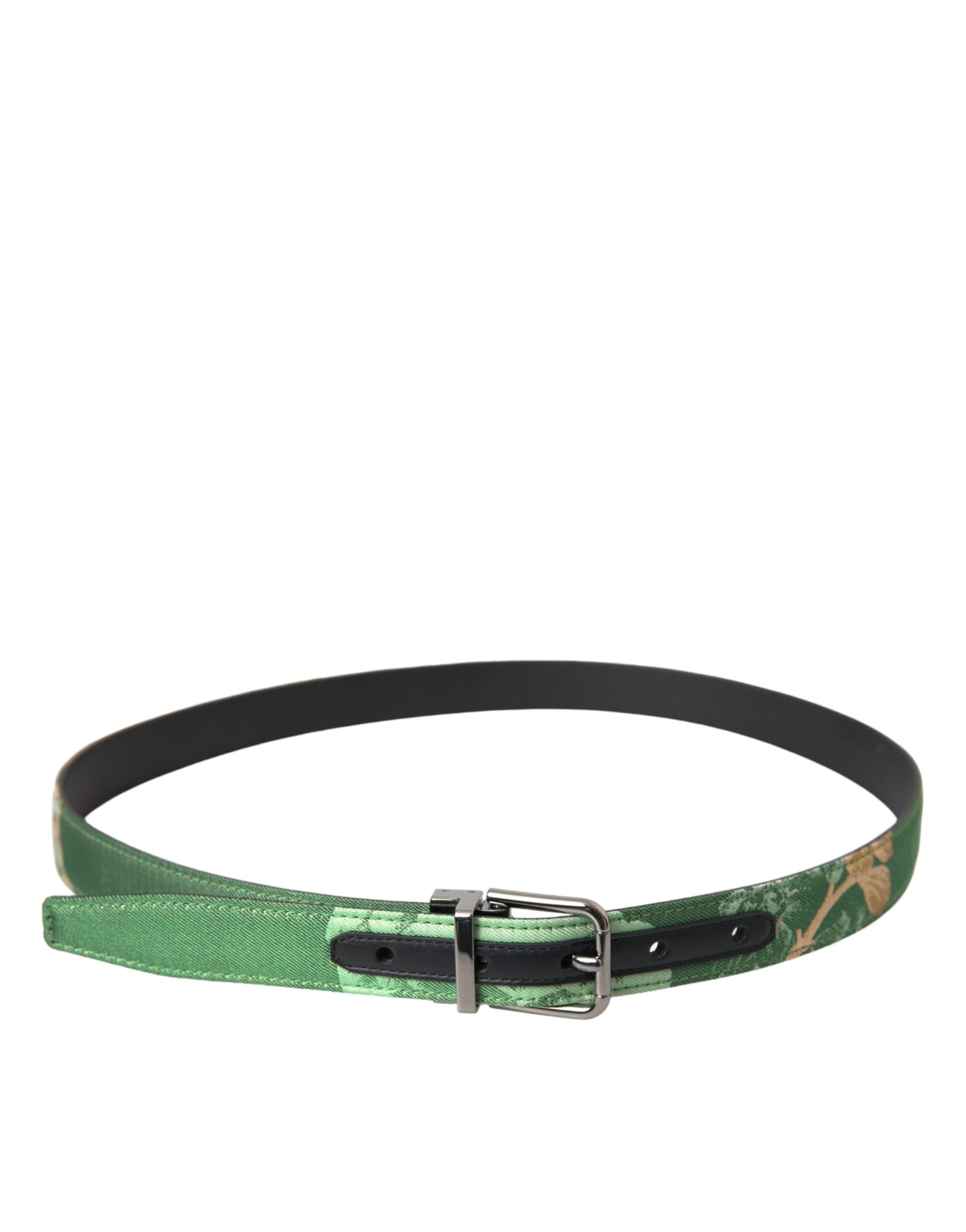 Cintura in pelle verde con fibbia in metallo argentato Jacquard