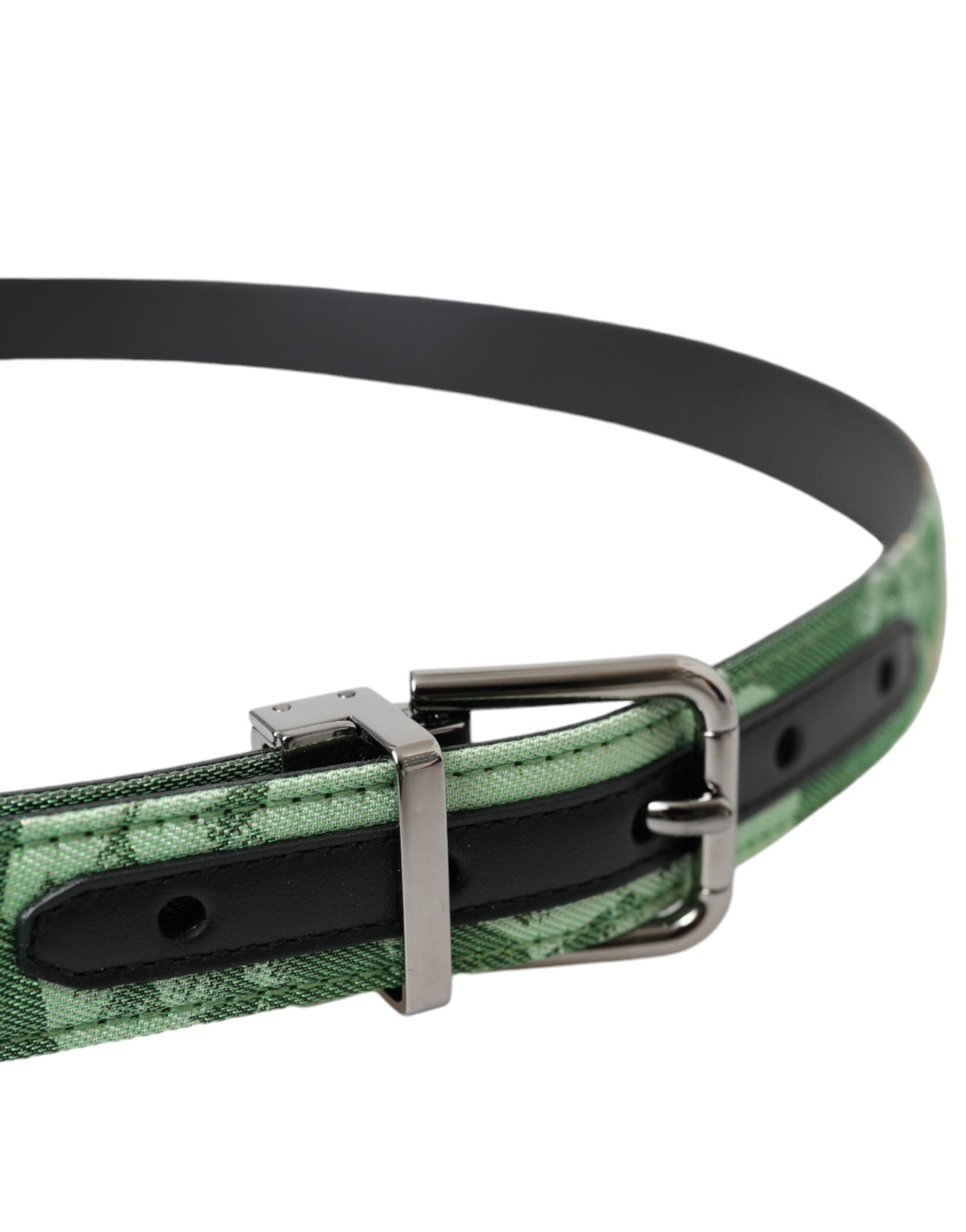 Cintura in pelle verde con fibbia in metallo argentato Jacquard