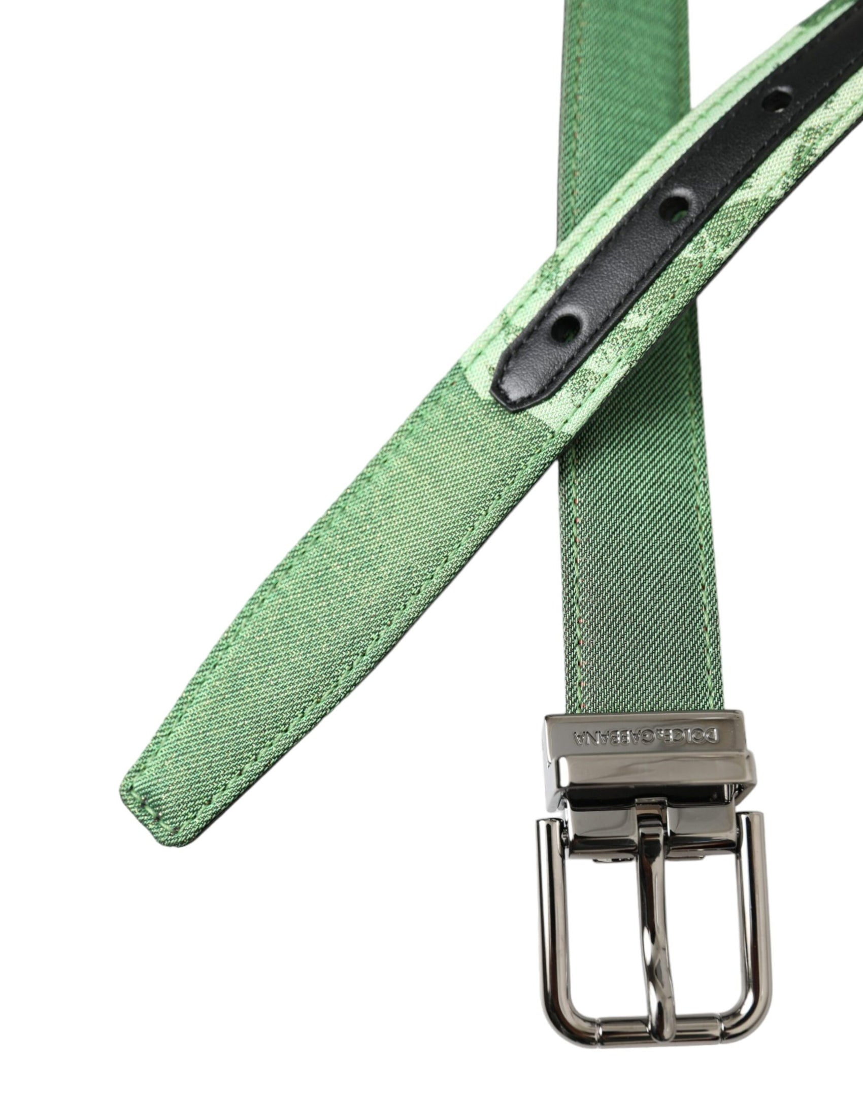 Cintura in pelle verde con fibbia in metallo argentato Jacquard