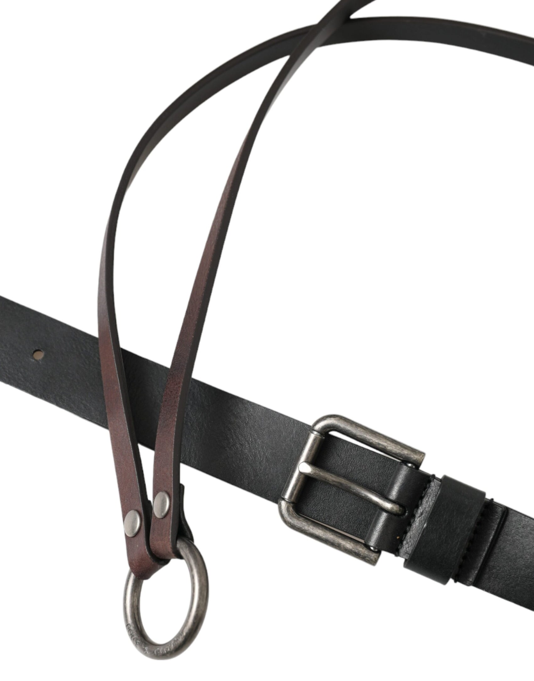Cintura in pelle marrone nera con fibbia in metallo argentato