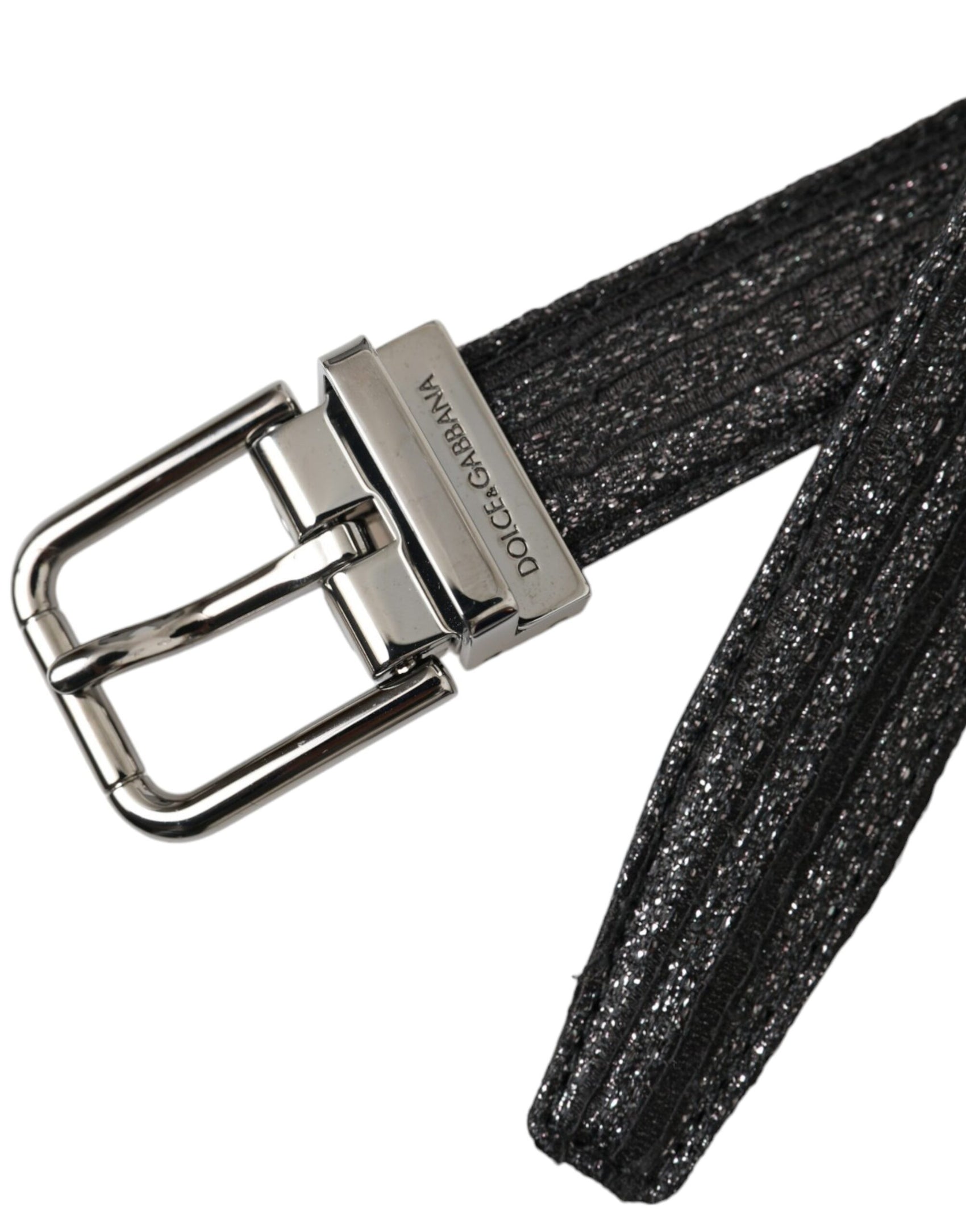 Cintura con fibbia in metallo argentato a strisce jacquard nere