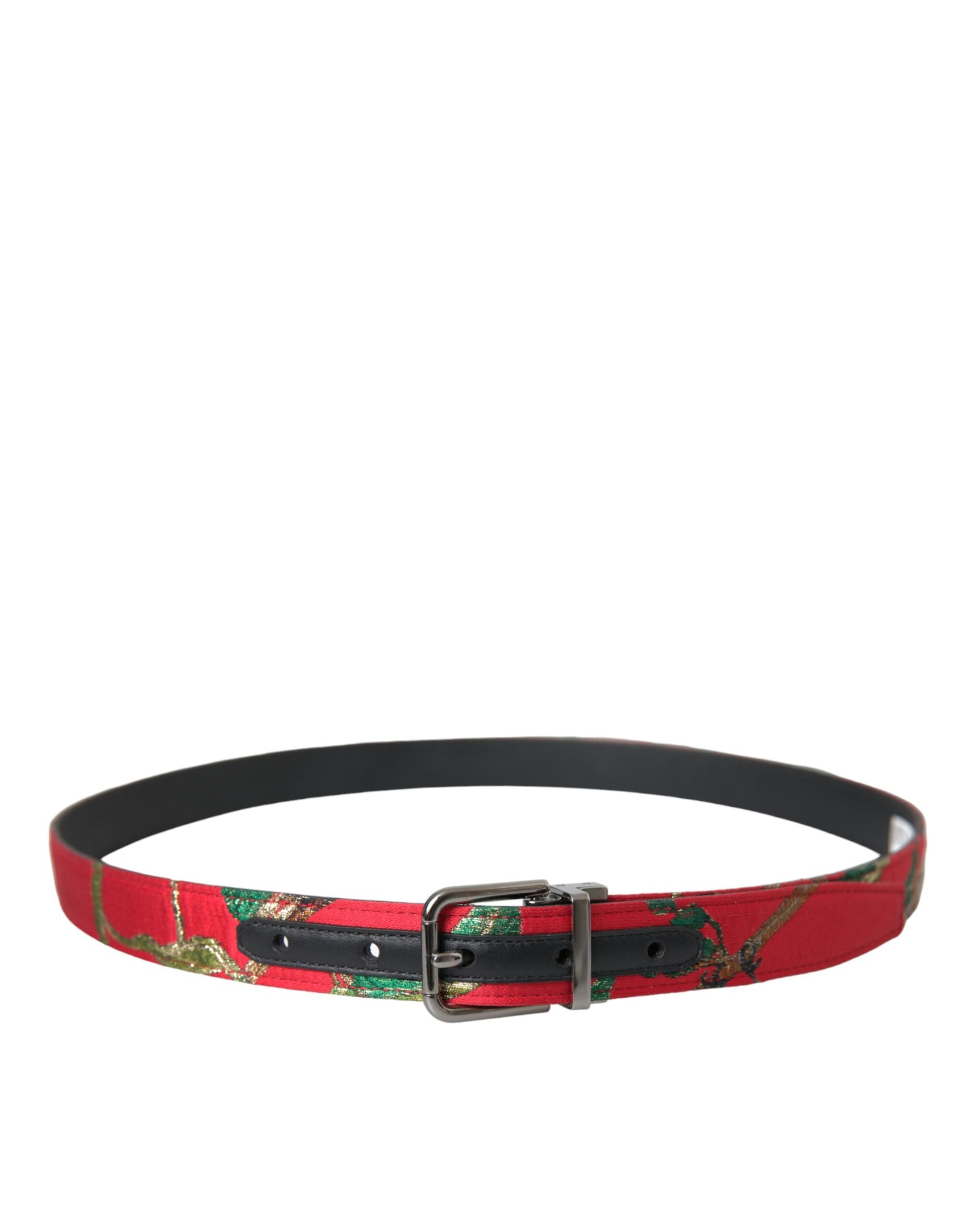 Cintura in pelle rossa con fibbia in metallo argentato Jacquard