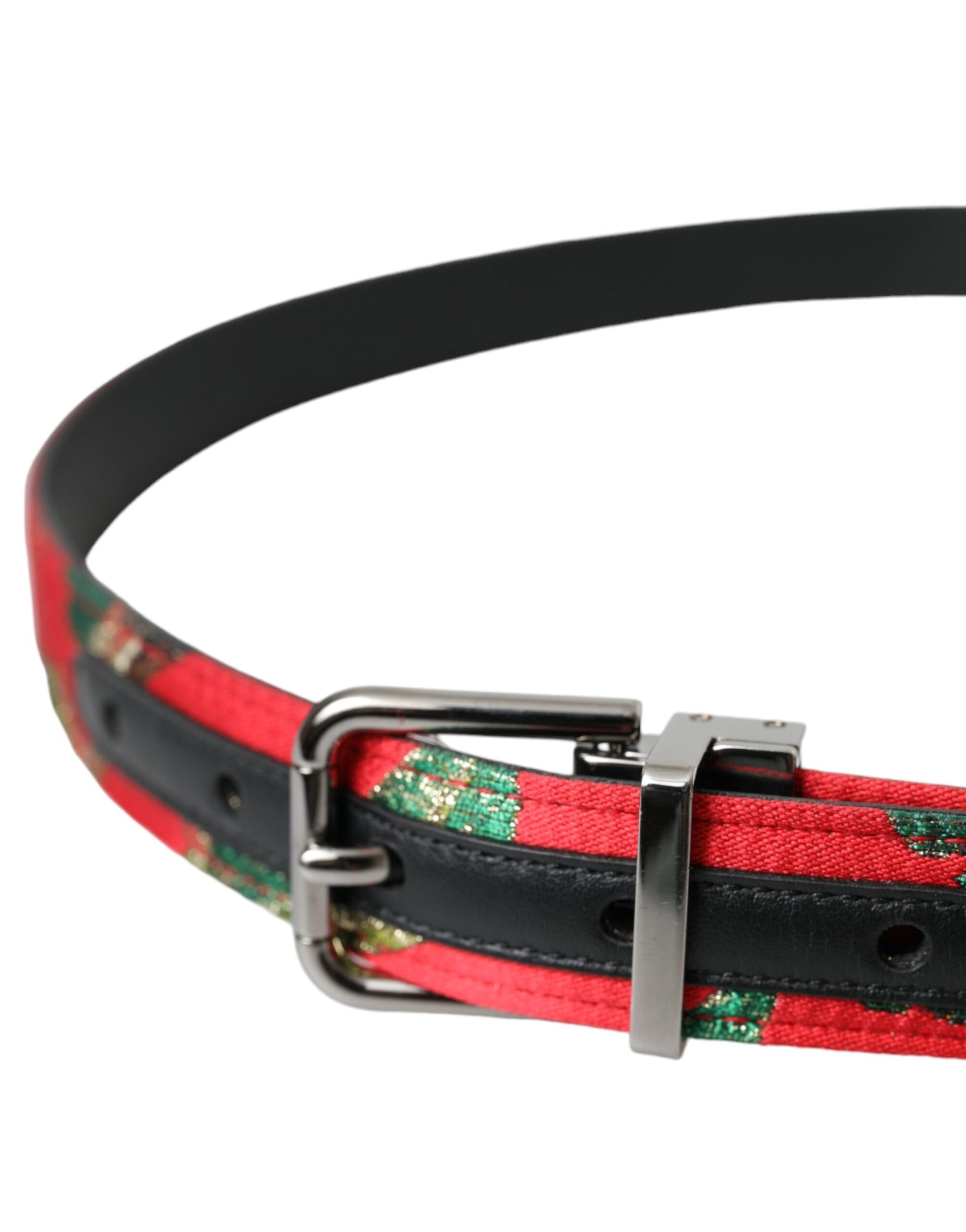 Cintura in pelle rossa con fibbia in metallo argentato Jacquard