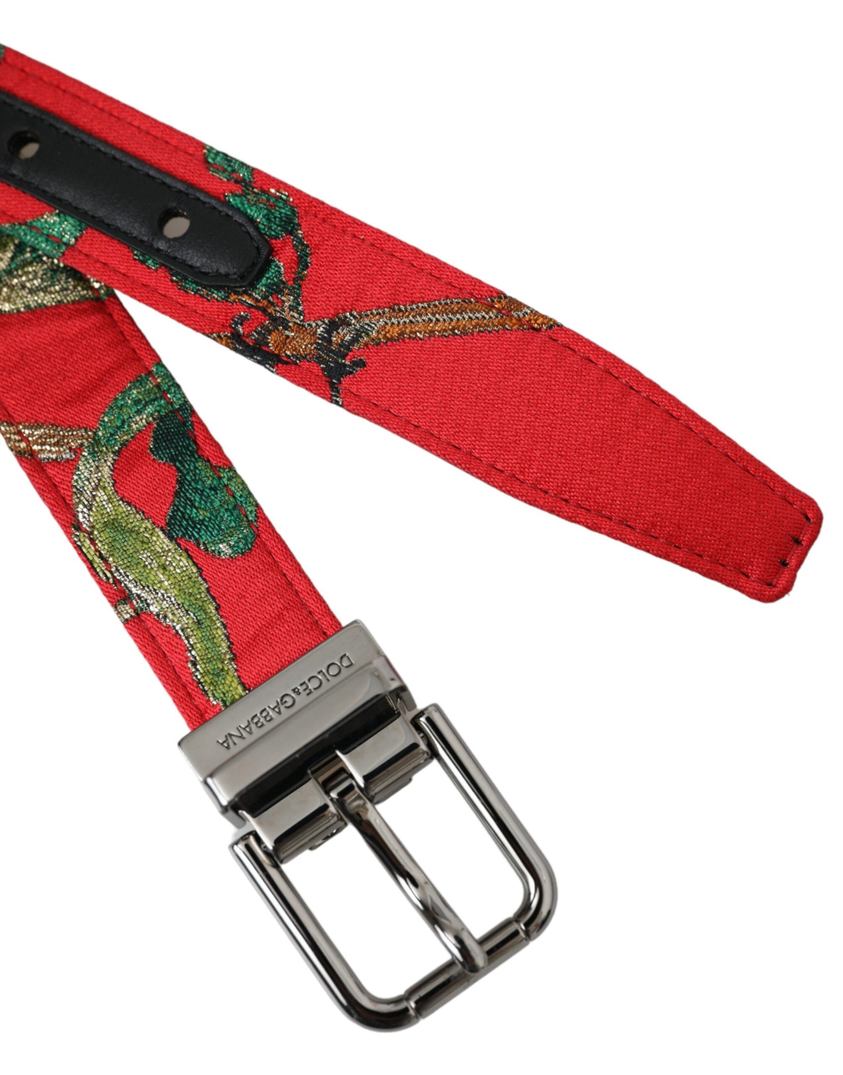 Cintura in pelle rossa con fibbia in metallo argentato Jacquard