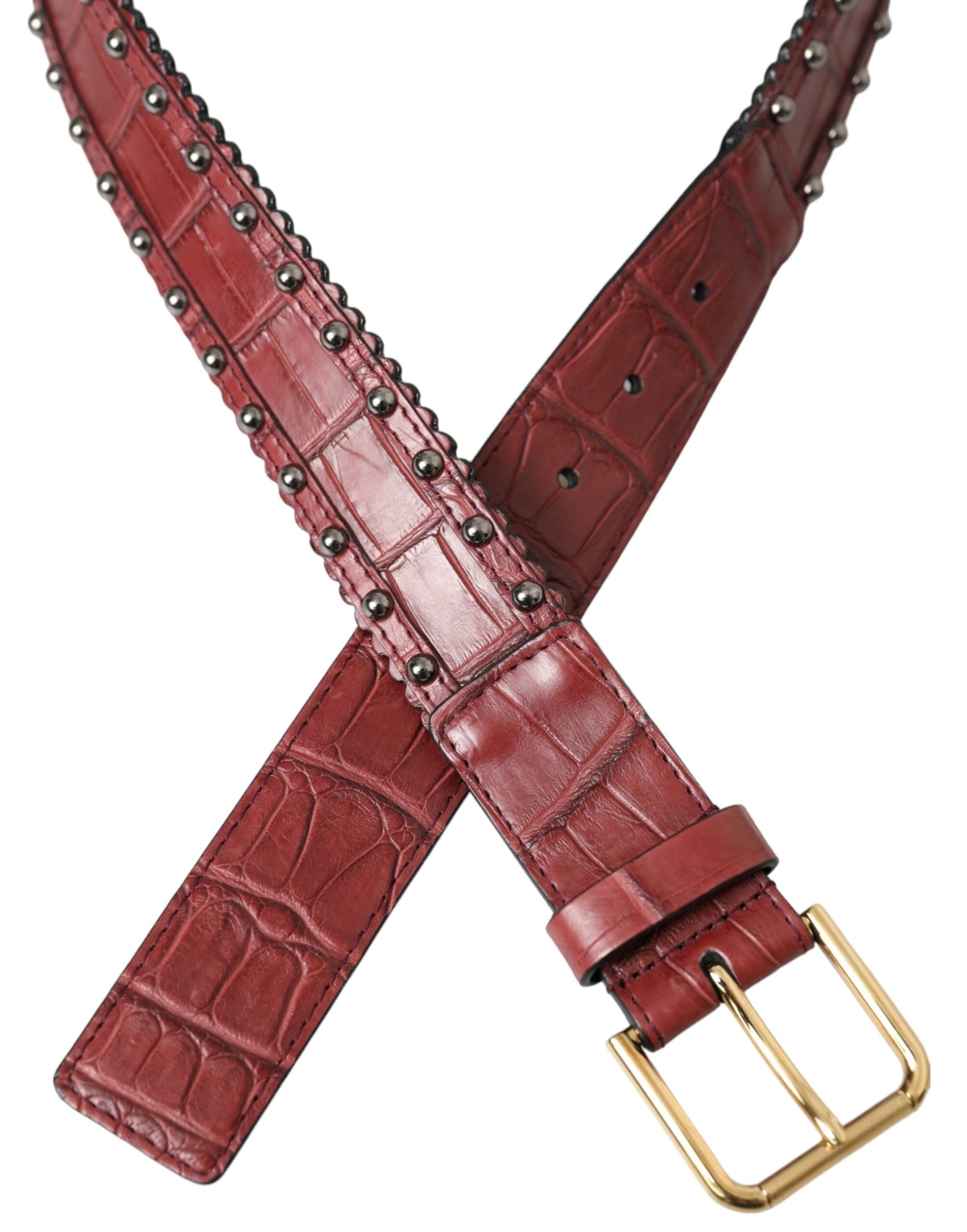 Brauner Gürtel aus Alligatorleder mit Metallschnalle und Nieten