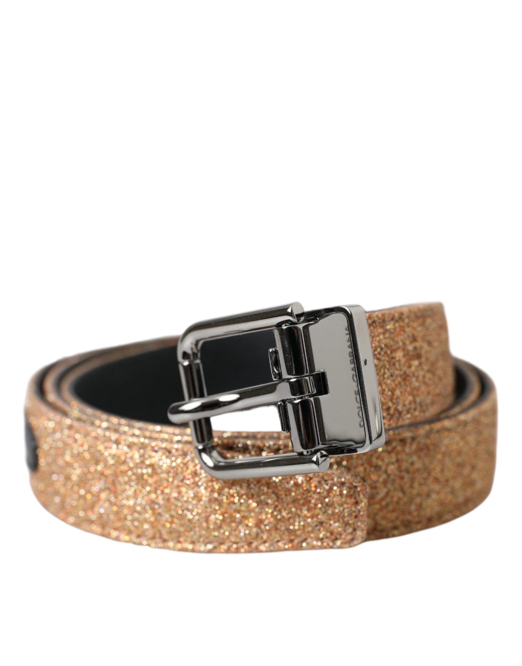 Gürtel aus goldglitzerndem Leder mit silberner Metallschnalle