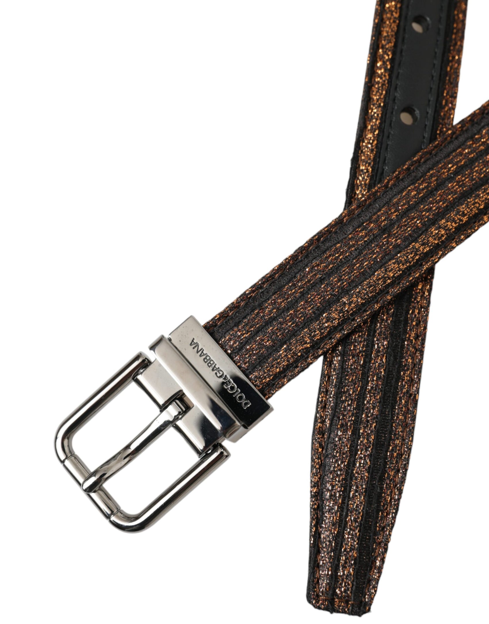 Gürtel mit goldenen Jacquard-Streifen und silberner Metallschnalle