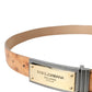 Beige Leather Gold Logo Engraved Buckle Belt