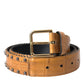 Beige Alligator Leather Studded Metal Buckle Belt