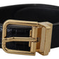 Black Exotic Leather Gold Metal Buckle Belt