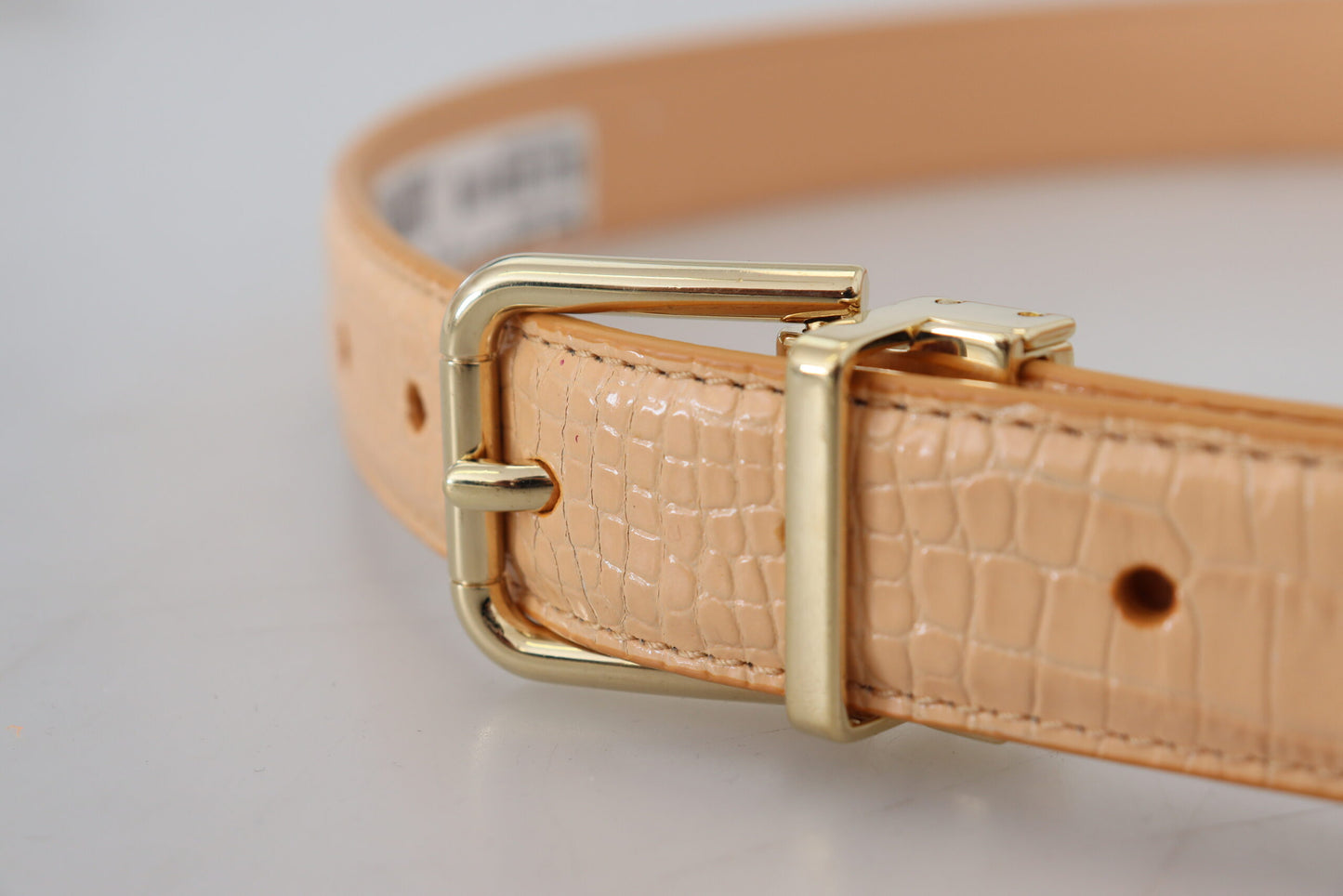 Beige Exotic Leather Gold Metal Buckle Belt