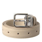 Beige Calfskin Leather Silver Metal Buckle Belt